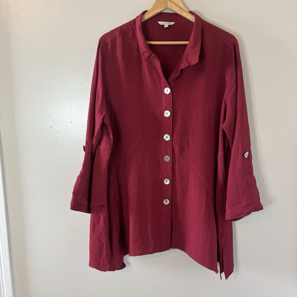 John Mark Red Tunic Top Roll Tab Sleeves Button Up Blouse Sz 1X - Picture 1 of 10